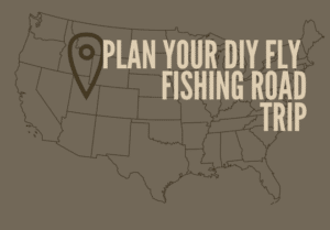 Shows viewers a map of a fly fishing road trip location.